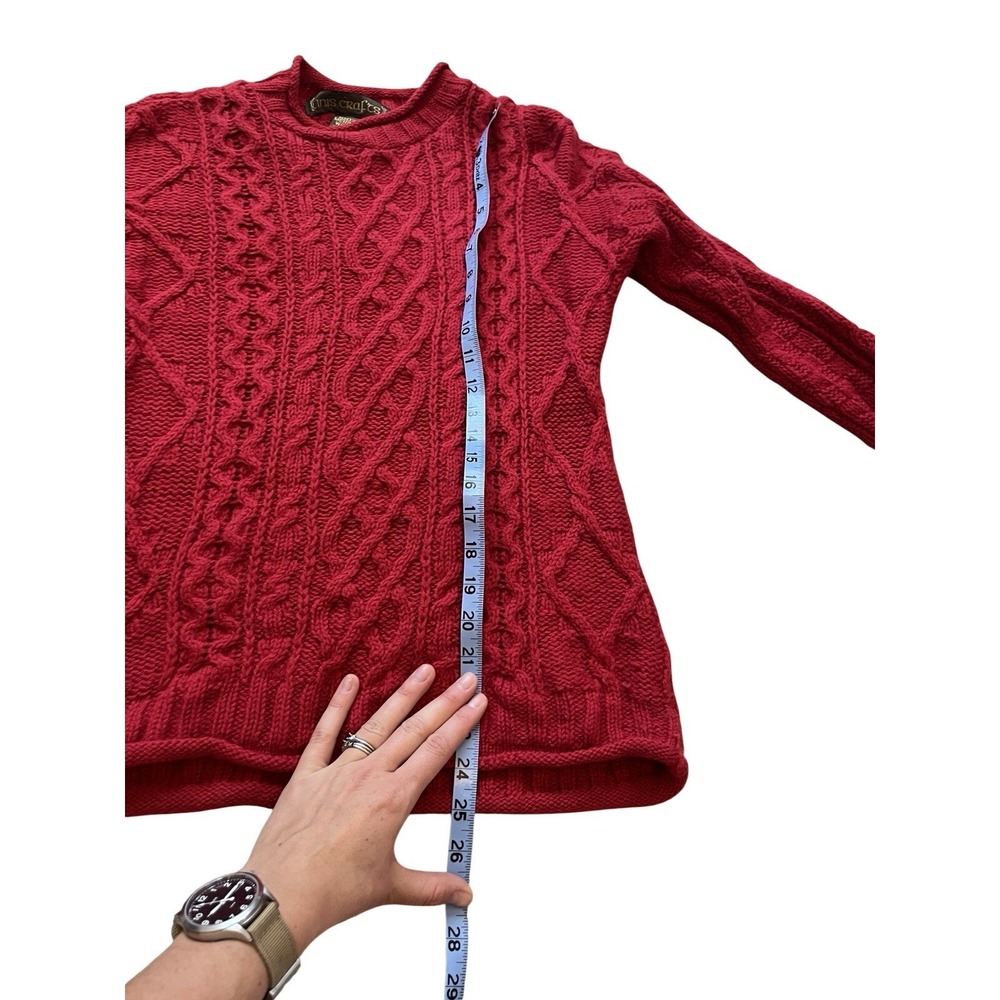 Inis Crafts Women's Red Cable Knit roll Crewneck Pullover 100% Merino Wool S Y2K - Picture 4 of 6